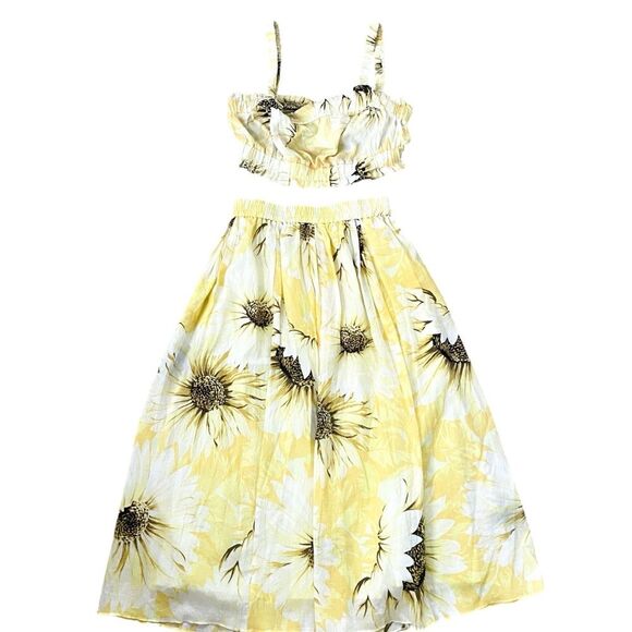 H&M Sunflower Yellow Floral Print Coastal Crop Top Skirt Set Small Medium - Picture 1 of 10